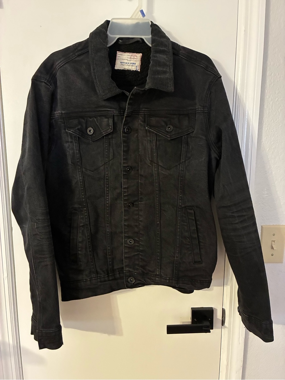 Smoke Rise NY Men's Streetwear Corduroy-Collar Black Denim Jacket